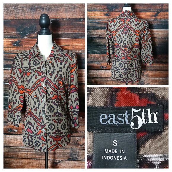 East 5th Top Blouse S Linen Rayon Blend 3/4 Sleeve Aztec Bohemian - Picture 1 of 9